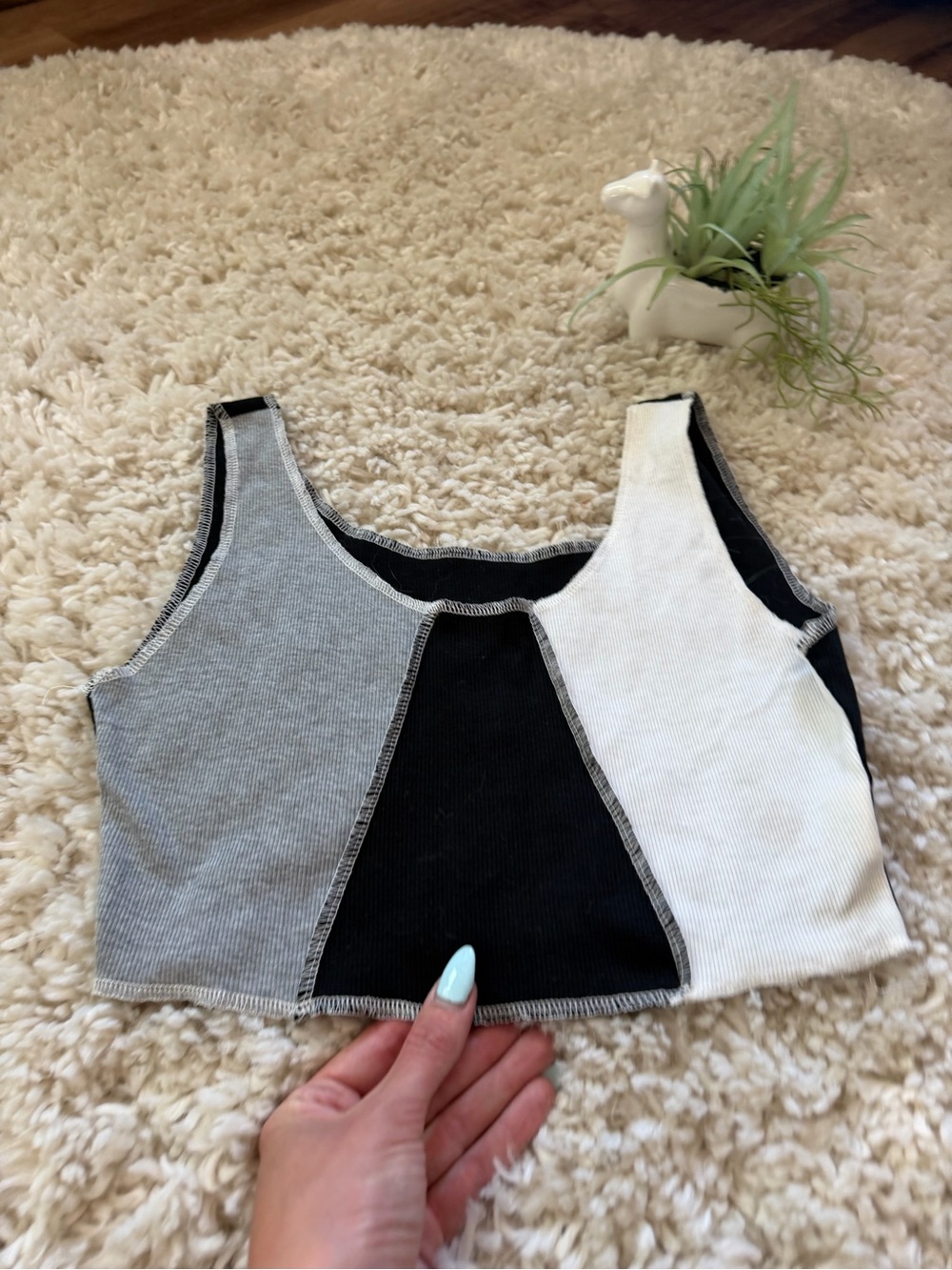 Colorblock summer cute women’s Ribbed Crop Tank Top - Black, Gray & White